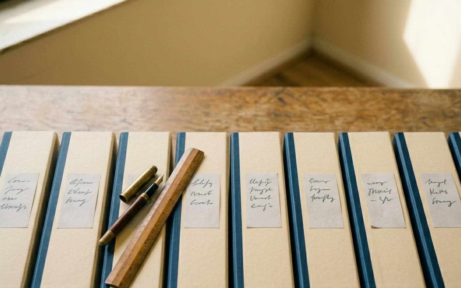 Neun Aktenordner mit handschriftlichen Etiketten, künstlich generiert