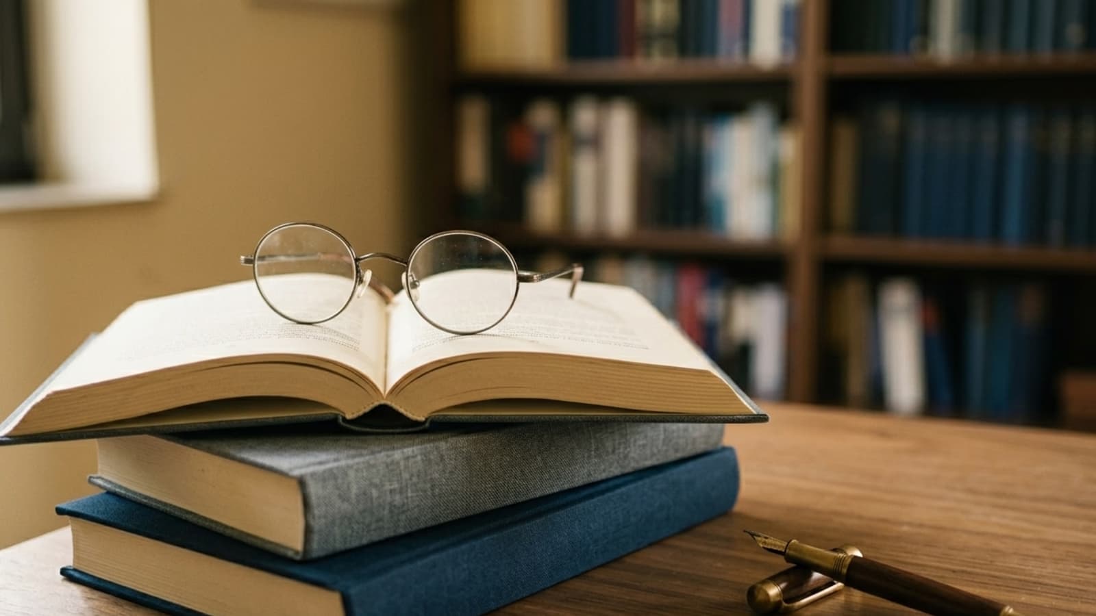 Bücher-Stapel mit Lesebrille auf Schreibtisch, künstlich generiert