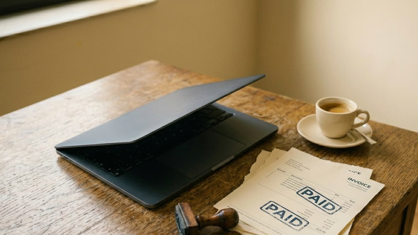 Selbstständigen-Schreibtisch mit Laptop und Rechnungs-Stapel, künstlich generiert