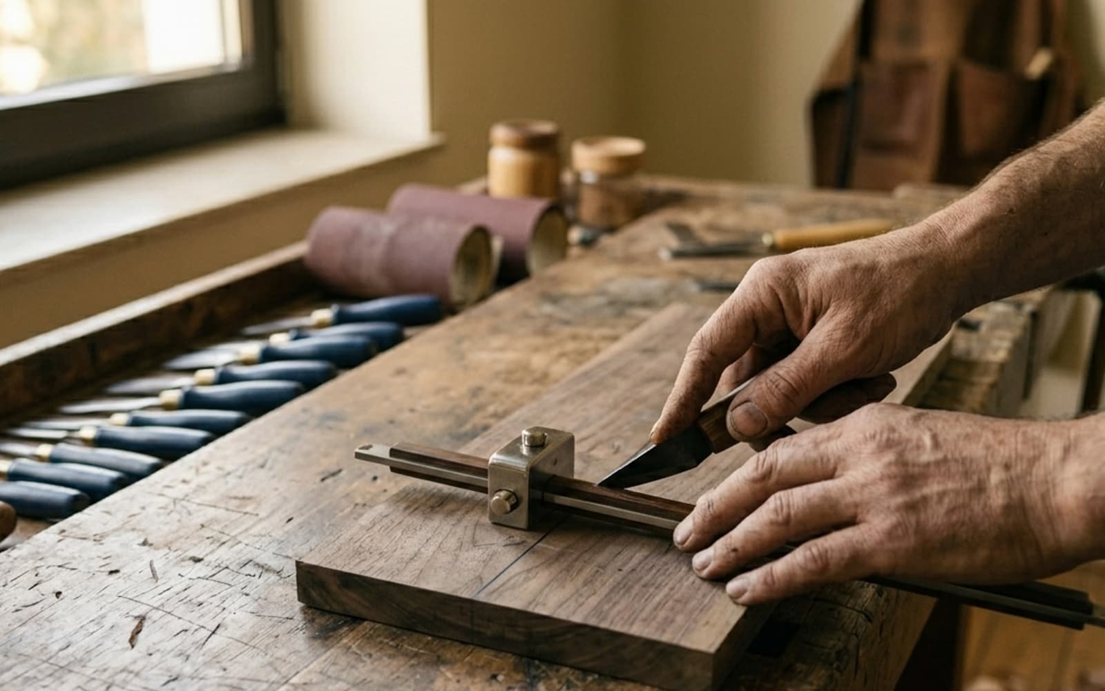Hände eines Handwerkers an einer Werkbank, künstlich generiert