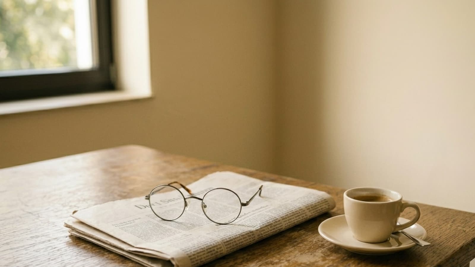 Lesebrille auf Zeitung mit Espressotasse, künstlich generiert